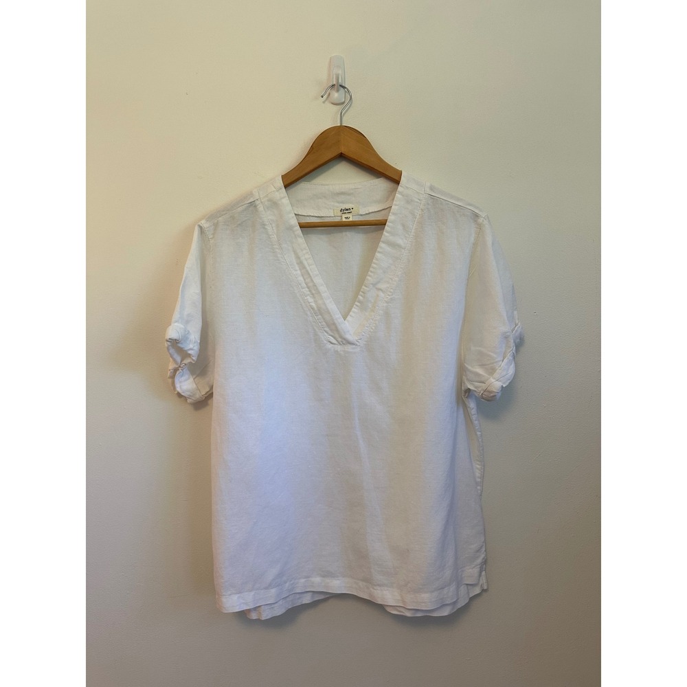 Dylan White Linen and Cotton Blend V-Neck Short Sleeve Top | Size XS